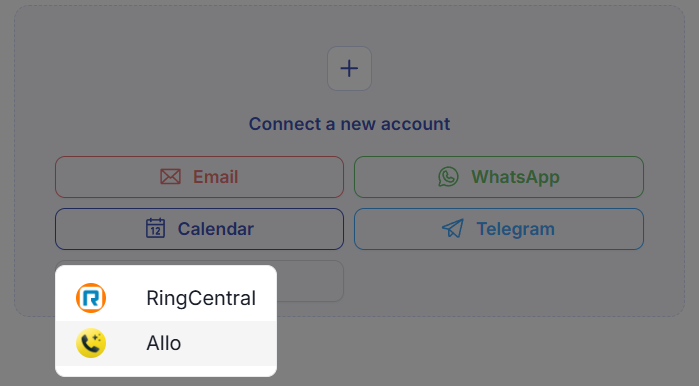 Menú desplegable Teléfono / SMS mostrando las opciones RingCentral y Allo