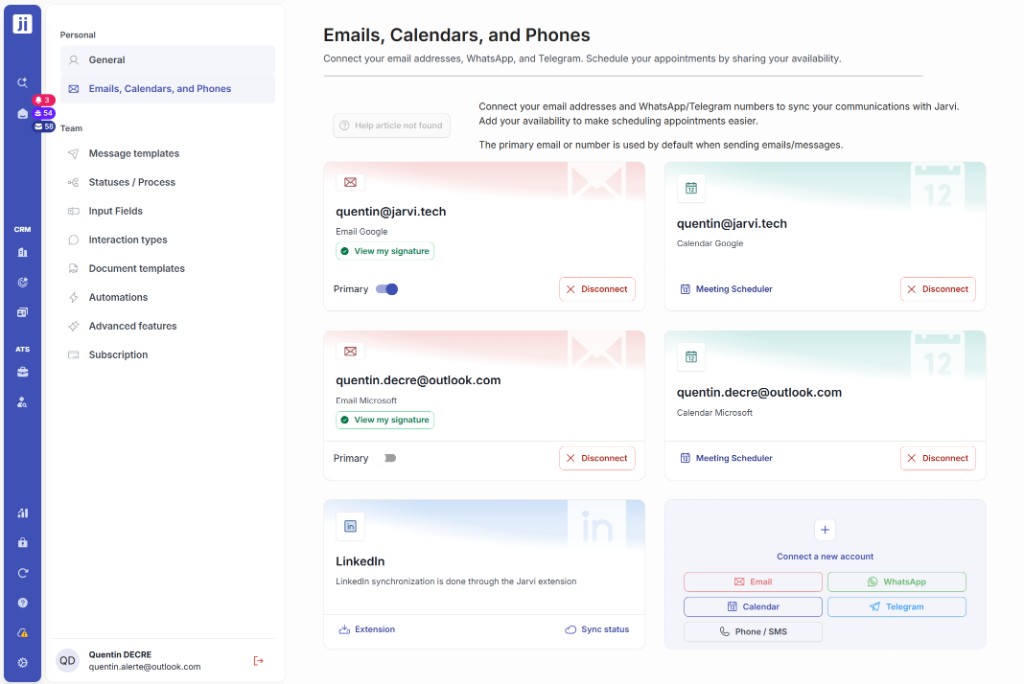 Página de ajustes Emails, Agendas y Teléfonos con el botón Teléfono / SMS